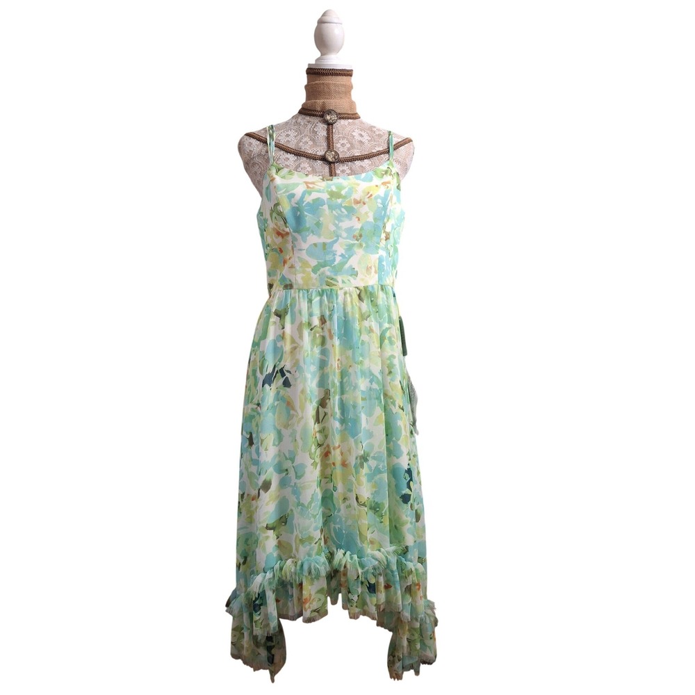 NWT Dress The Population Floral High-Low Ruffle Midi Dress Green Blue Large NWT - Picture 2 of 7